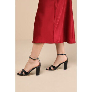 Lulus Viviey Black Patent Ankle Strap High Heel Sandals - Size 8.5